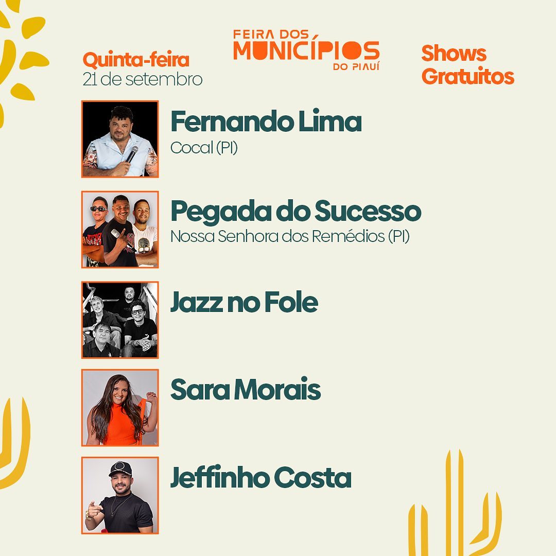 Programação completa de shows gratuitos da Feira dos Municípios do Piauí