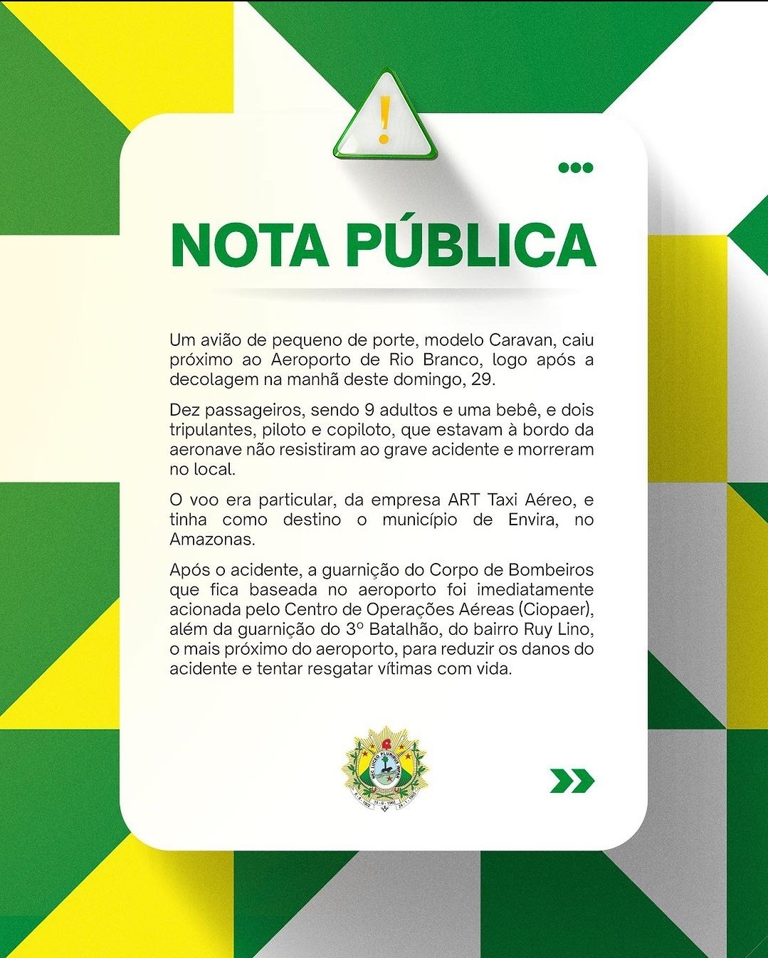 Avião de pequeno porte cai no Acre e mata 12 pessoas, entre elas uma bebê,  diz governo